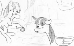 Size: 1081x665 | Tagged: safe, artist:t72b, derpibooru exclusive, derpibooru import, rainbow dash, twilight sparkle, twilight sparkle (alicorn), alicorn, pegasus, pony, top bolt, airhorn, cloud, eyes closed, female, floppy ears, grayscale, lidded eyes, mare, monochrome, traditional art