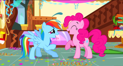 Size: 1360x736 | Tagged: safe, derpibooru import, screencap, pinkie pie, rainbow dash, earth pony, pegasus, pony, griffon the brush off, eyes closed, laughing, raised hoof