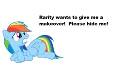 Size: 980x549 | Tagged: safe, rainbow dash, pegasus, pony, bronybait, makeover, scared, solo, text