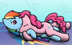 Size: 6851x4235 | Tagged: safe, artist:t.f.a.n.c.s., derpibooru import, pinkie pie, rainbow dash, earth pony, pegasus, pony, absurd resolution, bed, eyes closed, female, lesbian, pinkiedash, shipping, snuggling