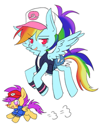 Size: 591x723 | Tagged: safe, artist:megarexetera, rainbow dash, scootaloo, pegasus, pony, blushing, cap, clothes, cosplay, duo, flying, hat, hilda, nate, pokémon, pokémon trainer, running, shorts, simple background, spread wings, sweat