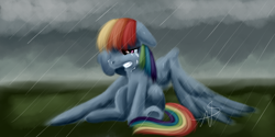 Size: 1024x512 | Tagged: safe, artist:alexisdragonstorm, rainbow dash, pegasus, pony, broken wing, crying, injured, rain, sad, solo