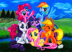 Size: 2280x1646 | Tagged: safe, artist:xx-syaoran-kun-xx, derpibooru import, applejack, fluttershy, pinkie pie, rainbow dash, rarity, twilight sparkle, earth pony, pegasus, pony, unicorn, mane six, mane six opening poses, pencil, pencil drawing, traditional art