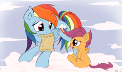 Size: 3640x2160 | Tagged: safe, artist:neko-me, rainbow dash, scootaloo, pegasus, pony, adopted offspring, adoption, cloud, cloudy, crying, mouth hold, parent:rainbow dash, scootadoption, scootalove, scroll, smiling