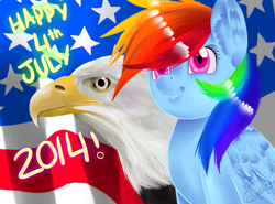 Size: 1091x806 | Tagged: safe, artist:familyof6, rainbow dash, bald eagle, pegasus, pony, 4th of july, flag