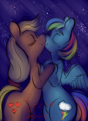 Size: 2236x3057 | Tagged: safe, artist:helloiamyourfriend, derpibooru import, applejack, rainbow dash, earth pony, pegasus, pony, appledash, eyes closed, failed 30 minute challenge, female, fireworks, holding hooves, kissing, lesbian, shipping, sketch, text