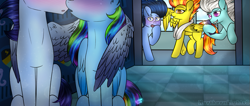 Size: 1023x434 | Tagged: safe, artist:northlights8, derpibooru import, fleetfoot, rainbow dash, soarin', spitfire, wave chill, pegasus, pony, blushing, cellphone, colored wings, fleetfoot the shipper, hug, imminent kissing, kissing, male, phone, shipper on deck, shipping, smartphone, soarindash, spitfire the shipper, straight, wave chill the shipper, winghug