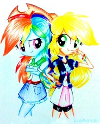 Size: 466x579 | Tagged: safe, artist:liaaqila, derpibooru import, applejack, rainbow dash, equestria girls, alternate costumes, clothes swap, hatless, looking at each other, missing accessory, smiling