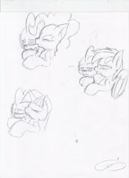 Size: 850x1170 | Tagged: safe, derpibooru import, pinkie pie, rainbow dash, twilight sparkle, earth pony, pegasus, pony, kissing, monochrome, sketch, traditional art