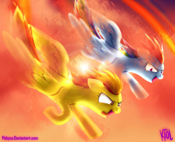 Size: 1024x833 | Tagged: safe, artist:pshyzomancer, rainbow dash, spitfire, pegasus, pony, flying, racing, tongue out