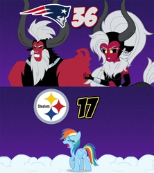 Size: 1280x1440 | Tagged: safe, artist:askometa, artist:nero-narmeril, artist:oblivionfall, artist:rainbowdashzx, derpibooru import, lady tirek, lord tirek, rainbow dash, pegasus, pony, afc championship, american football, crying, midriff, new england patriots, nfl, nfl playoffs, pittsburgh steelers, rule 63, vector