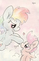 Size: 679x1043 | Tagged: safe, artist:slightlyshade, rainbow dash, scootaloo, pegasus, pony, boop, cloud, cloudy, eye contact, fluffy, grin, heart, open mouth, smiling, smirk, traditional art