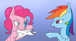 Size: 1024x556 | Tagged: safe, artist:iados, derpibooru import, pinkie pie, rainbow dash, earth pony, pegasus, pony, female, fourth wall, mare