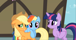 Size: 1280x683 | Tagged: safe, derpibooru import, screencap, applejack, rainbow dash, twilight sparkle, earth pony, pegasus, pony, swarm of the century