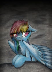 Size: 1024x1424 | Tagged: safe, artist:pepperscratch, derpibooru import, rainbow dash, pegasus, pony, dark, sad, solo, traditional art