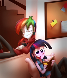 Size: 1000x1152 | Tagged: safe, artist:fj-c, rainbow dash, twilight sparkle, equestria girls, awesome face, book, bulletin board, clothes, pillow, smiling, sweater