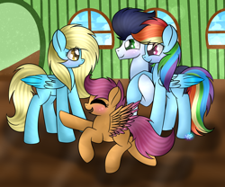 Size: 1024x853 | Tagged: safe, artist:northlights8, derpibooru import, rainbow dash, scootaloo, soarin', oc, pegasus, pony, holding hooves, male, shipping, soarindash, straight