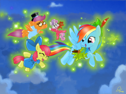 Size: 900x677 | Tagged: safe, artist:panda-jenn, derpibooru import, apple bloom, rainbow dash, scootaloo, sweetie belle, pegasus, pony, clothes, crossover, cutie mark crusaders, flying, footed sleeper, john darling, michael darling, pajamas, peter pan, pixie dust, wendy darling