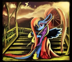 Size: 965x827 | Tagged: dead source, safe, artist:auroriia, rainbow dash, pegasus, pony, semi-anthro, alternate hairstyle, bipedal, female, impossibly large ears, looking at you, mare, scenery, signature, solo, stairs, umbrella