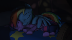 Size: 5120x2880 | Tagged: safe, artist:purenexus, derpibooru import, rainbow dash, twilight sparkle, twilight sparkle (alicorn), alicorn, pegasus, pony, 3d, absurd resolution, bed, dark, female, lesbian, prone, shipping, snuggling, source filmmaker, twidash