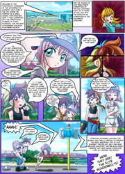 Size: 997x1385 | Tagged: safe, artist:mauroz, fluttershy, lightning dust, rainbow dash, human, belly button, clothes, comic, cropped, fingerless gloves, gloves, humanized, midriff, sports bra