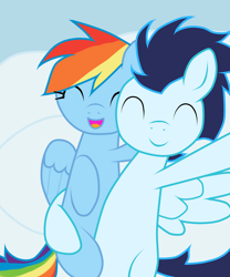 Size: 1024x1229 | Tagged: safe, artist:rulette, rainbow dash, soarin', pegasus, pony, eyes closed, female, hug, male, selfie, shipping, soarindash, straight