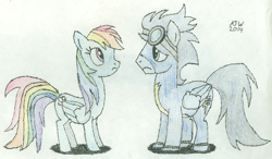 Size: 1756x1022 | Tagged: safe, artist:advocateofpants, rainbow dash, soarin', pegasus, pony, female, male, shipping, soarindash, straight, traditional art