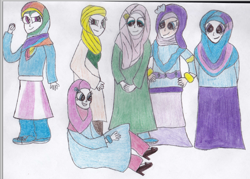 Size: 834x596 | Tagged: safe, artist:notoriousgsc, derpibooru import, applejack, fluttershy, pinkie pie, rainbow dash, rarity, twilight sparkle, human, hijab, humanized, islam, islamashy, mane six, traditional art, why meph why