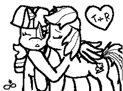 Size: 258x190 | Tagged: safe, artist:star-cannon, rainbow dash, twilight sparkle, pegasus, pony, female, heart, kissing, lesbian, lineart, monochrome, shipping, twidash