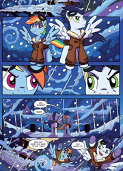 Size: 590x821 | Tagged: safe, artist:tonyfleecs, derpibooru import, idw, rainbow dash, soarin', pegasus, pony, spoiler:comic, spoiler:comicff36, bomber jacket, clothes, flying, goggles, jacket, mt. overhoot outpost, snow, spread wings