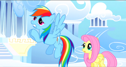 Size: 1360x730 | Tagged: safe, derpibooru import, screencap, fluttershy, rainbow dash, pegasus, pony, sonic rainboom (episode), cloudsdale, flying, panic