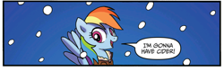 Size: 1280x405 | Tagged: safe, artist:tonyfleecs, derpibooru import, idw, rainbow dash, pegasus, pony, spoiler:comic, spoiler:comicff36, cider, clothes, cropped, cute, jacket, looking at you, open mouth, smiling, snow, snowfall, solo, spread wings, that pony sure does love cider