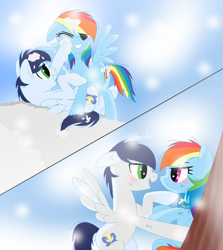 Size: 840x940 | Tagged: safe, artist:soarinrainbowdash3, derpibooru import, rainbow dash, soarin', pegasus, pony, backwards cutie mark, clothes, male, playful, scarf, shipping, snow, soarindash, straight