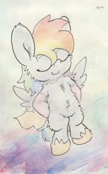 Size: 930x1504 | Tagged: safe, artist:slightlyshade, rainbow dash, pegasus, pony, abstract background, belly button, bipedal, eyes closed, female, fluffy, mare, resting, signature, simple background, solo, spread wings, traditional art