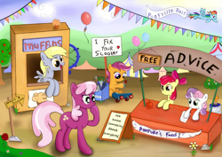 Size: 1160x820 | Tagged: safe, artist:milanoss, apple bloom, cheerilee, derpy hooves, rainbow dash, scootaloo, sweetie belle, pegasus, pony, apple, balloon, cutie mark crusaders, fair, female, food, hammer, mare, saw, scooter, tools