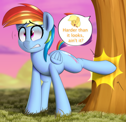 Size: 3462x3345 | Tagged: safe, artist:january3rd, derpibooru import, applejack, rainbow dash, earth pony, pegasus, pony, applebucking, dialogue, duo, duo female, female, grass, kicking, mare, offscreen character, pain, sweet apple acres, tree