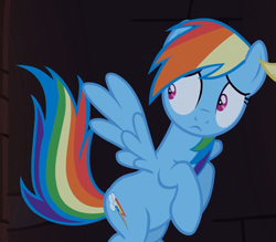 Size: 961x841 | Tagged: safe, screencap, rainbow dash, pegasus, pony, castle mane-ia, cute, flying, frown, looking back, scared, solo, spread wings, wide eyes