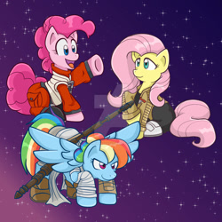 Size: 1024x1024 | Tagged: safe, artist:yoshimarsart, derpibooru import, fluttershy, pinkie pie, rainbow dash, earth pony, pony, clothes, cosplay, costume, finn (star wars), poe dameron, rey, star wars, star wars: the force awakens, watermark