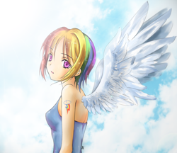 Size: 1000x862 | Tagged: safe, artist:d-tomoyo, derpibooru import, rainbow dash, human, alternative cutie mark placement, clothes, humanized, shoulder cutie mark, solo, spread wings, tanktop, winged humanization, wings