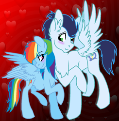 Size: 972x992 | Tagged: safe, artist:soarinrainbowdash3, derpibooru import, rainbow dash, soarin', pegasus, pony, blushing, chest fluff, ear fluff, male, shipping, soarindash, straight