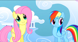 Size: 1360x736 | Tagged: safe, derpibooru import, screencap, fluttershy, rainbow dash, pegasus, pony, sonic rainboom (episode), cloudsdale, looking at something