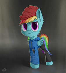 Size: 3056x3350 | Tagged: safe, artist:deltauraart, derpibooru import, rainbow dash, pegasus, pony, clothes, hat, looking at you, rain, solo