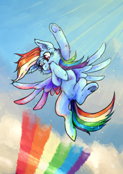 Size: 2149x3035 | Tagged: safe, artist:hoz-boz, derpibooru import, rainbow dash, pegasus, pony, cloud, flying, looking down, rainbow, sky, smiling, solo, spread wings