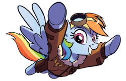 Size: 700x450 | Tagged: safe, artist:tonyfleecs, derpibooru import, edit, idw, rainbow dash, pegasus, pony, spoiler:comic, spoiler:comicff36, background removed, bomber jacket, clothes, cropped, cute, flying, goggles, jacket, looking at you, simple background, smiling, solo, spread wings, transparent background