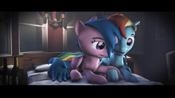 Size: 3840x2160 | Tagged: safe, artist:luxraystark, derpibooru import, firefly, rainbow dash, pegasus, pony, comic:dash academy, g1, 3d, bed, candlelight, dashfly, fanfic, fanfic art, female, g1 to g4, generation leap, hoof hold, lesbian, love, shipping, smiling, source filmmaker, wine bottle, wine glass