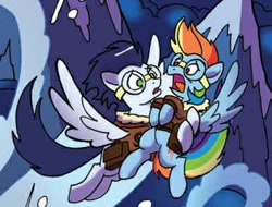 Size: 350x266 | Tagged: safe, derpibooru import, idw, rainbow dash, soarin', pegasus, pony, spoiler:comicff36, bomber jacket, clothes, flying, goggles, holding a pony, jacket, mount everhoof