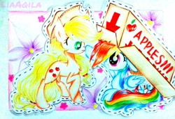 Size: 2035x1395 | Tagged: safe, artist:liaaqila, derpibooru import, applejack, rainbow dash, earth pony, pegasus, pony, boop, box, pony in a box, traditional art