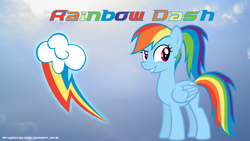 Size: 1920x1080 | Tagged: safe, artist:brightrai, artist:jennieoo, rainbow dash, pegasus, pony, alternate hairstyle, cutie mark, grin, ponytail, solo, vector, wallpaper