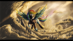 Size: 1920x1080 | Tagged: safe, artist:col762nel, rainbow dash, pegasus, pony, clothes, cloud, cloudy, flying, jacket, lightning, solo, steampunk