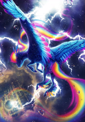 Size: 3600x5175 | Tagged: safe, artist:turnipberry, derpibooru import, rainbow dash, pegasus, pony, absurd resolution, awesome, cheek feathers, color porn, colored wings, colored wingtips, detailed, epic, ethereal mane, feathered fetlocks, female, flying, large wings, lightning, mare, neck feathers, rain, rainbow power, rainbow trail, realistic anatomy, realistic horse legs, scenery, scenery porn, solo, spread wings, storm, technical advanced, too big for derpibooru, water droplet, winged hooves, wings